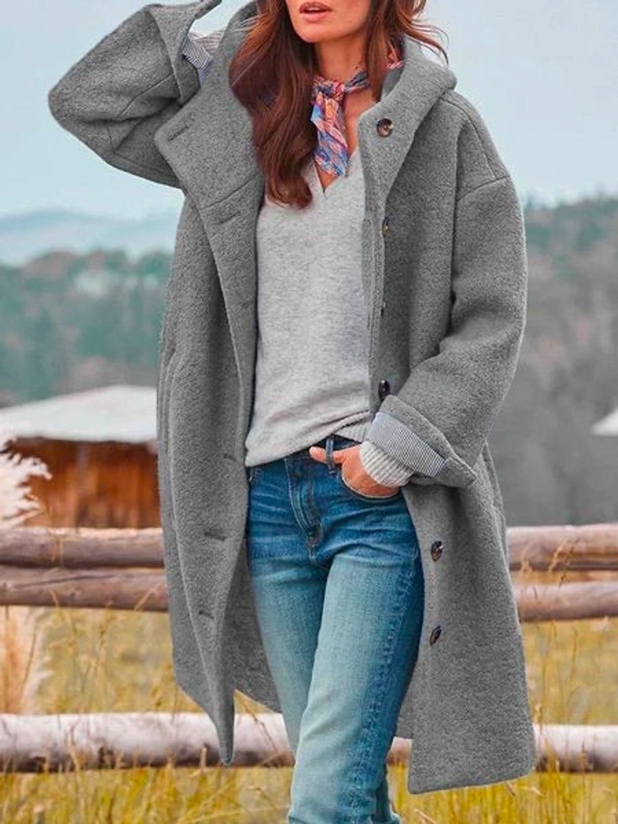 Women's Casual Hooded Fleece Button-Front Long Coat - Gray
