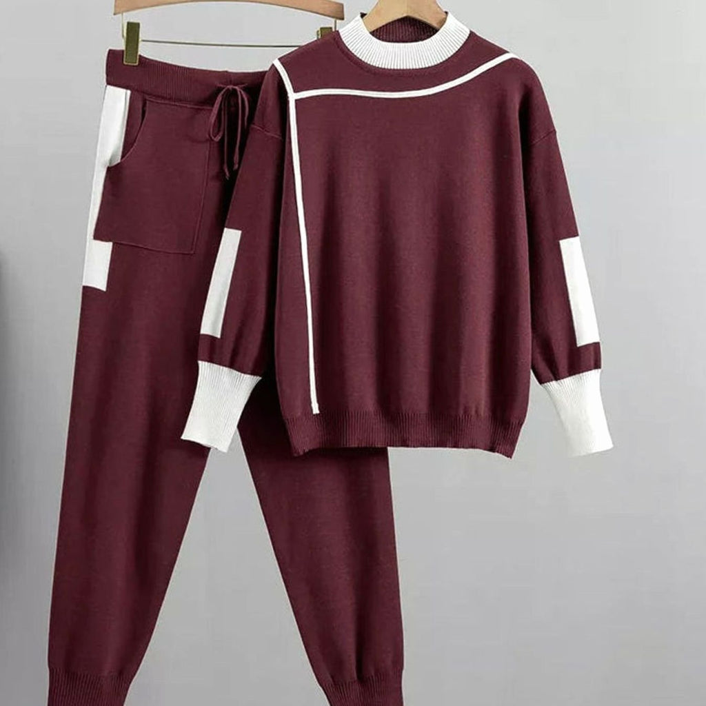Women's Casual Knit Two-Piece Sweater Pants Set Drawstring Jogger - Red