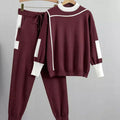 Women's Casual Knit Two-Piece Sweater Pants Set Drawstring Jogger - Red
