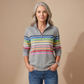 Women's Casual Quarter-Zip Rainbow Striped Pullover Sweater - Gray