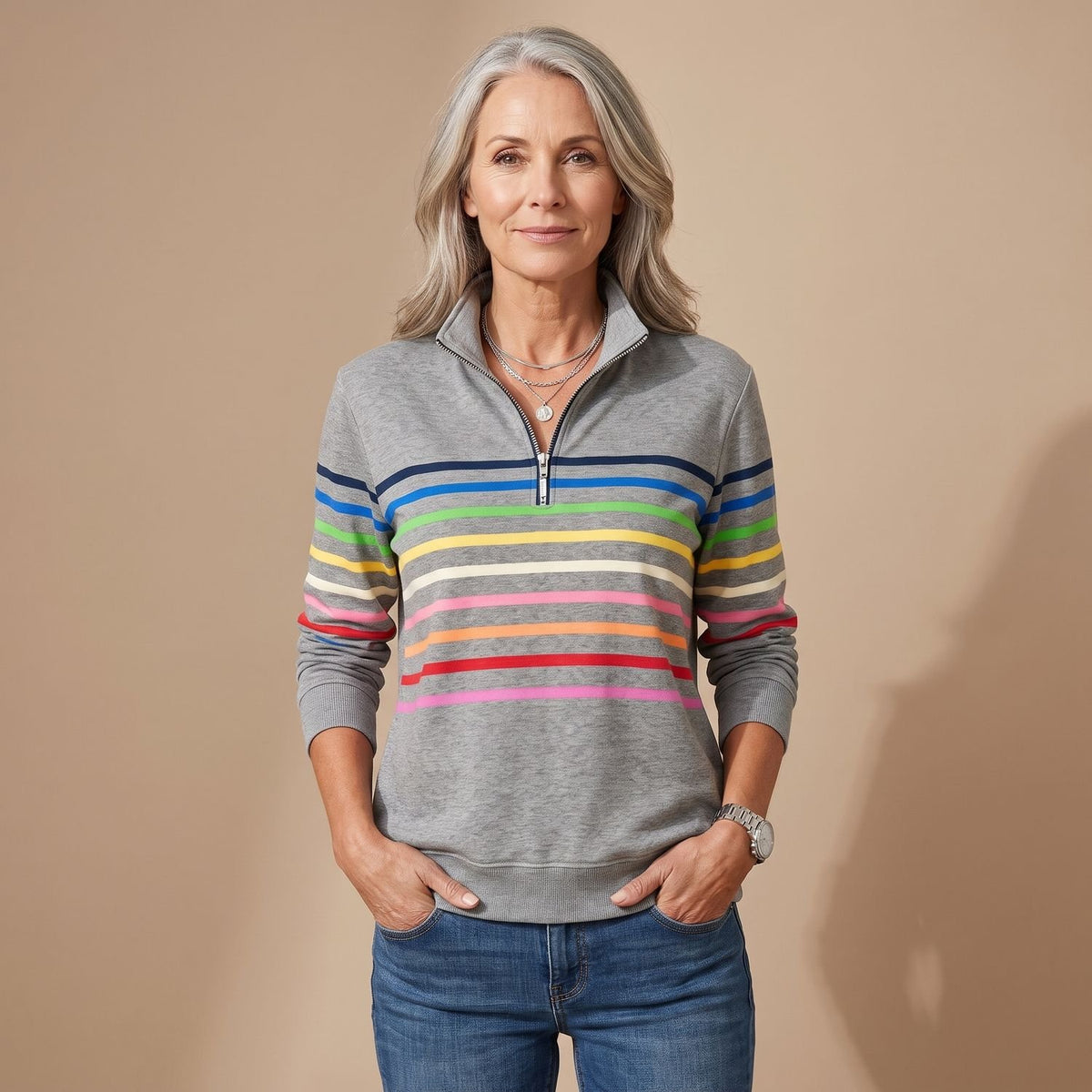 Women's Casual Quarter-Zip Rainbow Striped Pullover Sweater - Gray