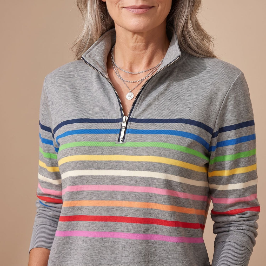 Women's Casual Quarter-Zip Rainbow Striped Pullover Sweater