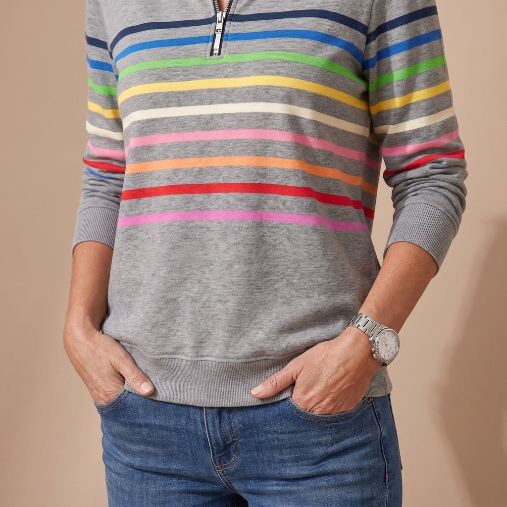 Women's Casual Quarter-Zip Rainbow Striped Pullover Sweater