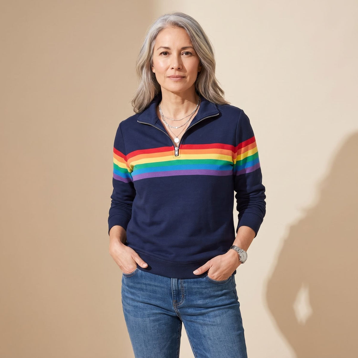 Women's Casual Quarter-Zip Rainbow Striped Pullover Sweater - Blue