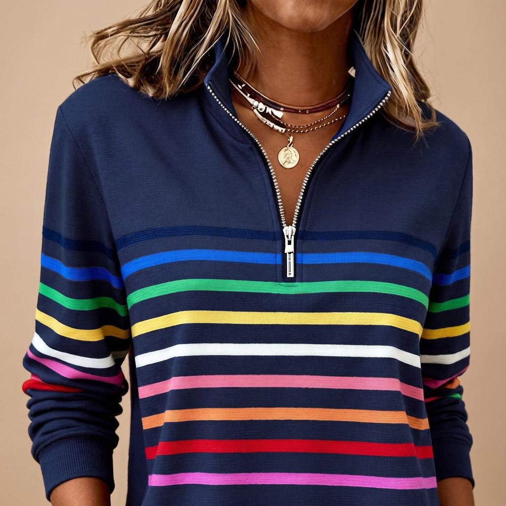 Women's Casual Quarter-Zip Rainbow Striped Pullover Sweater