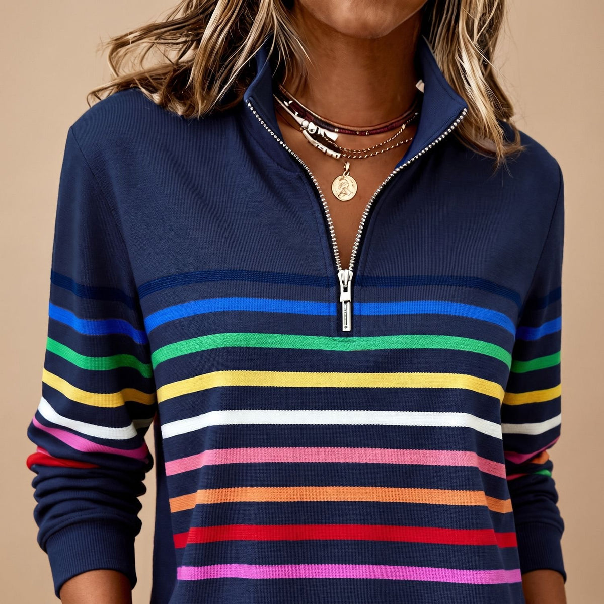 Women's Casual Quarter-Zip Rainbow Striped Pullover Sweater