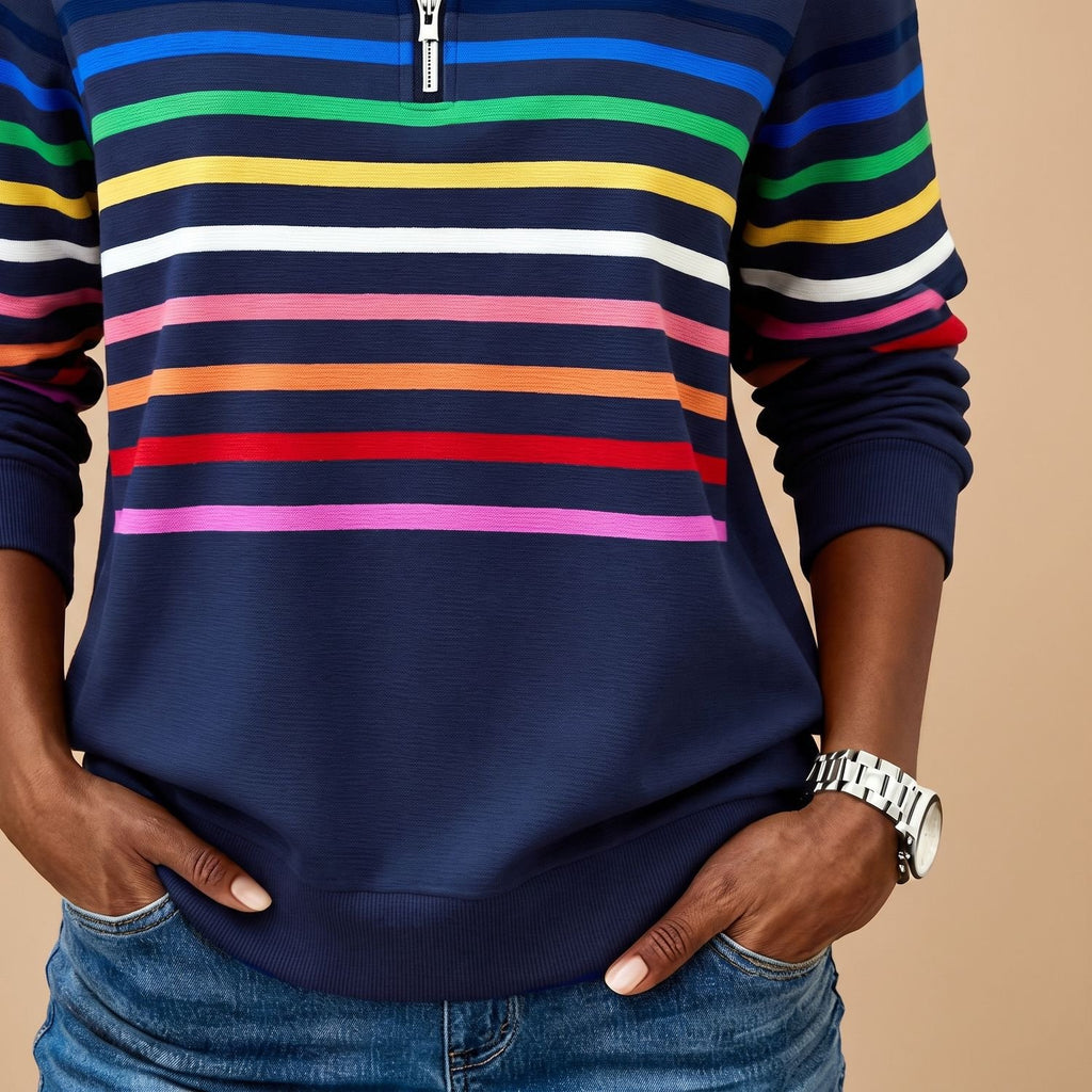 Women's Casual Quarter-Zip Rainbow Striped Pullover Sweater