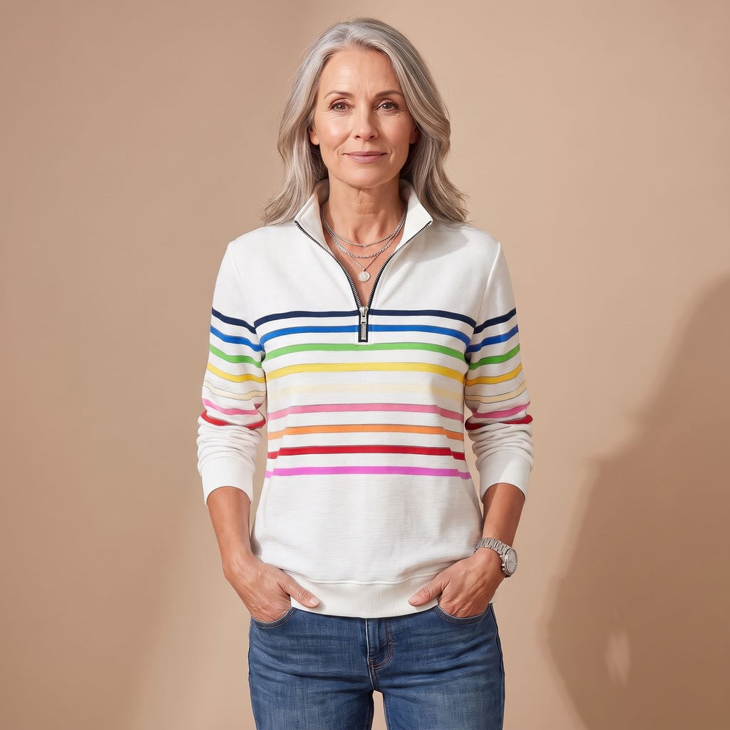 Women's Casual Quarter-Zip Rainbow Striped Pullover Sweater - White