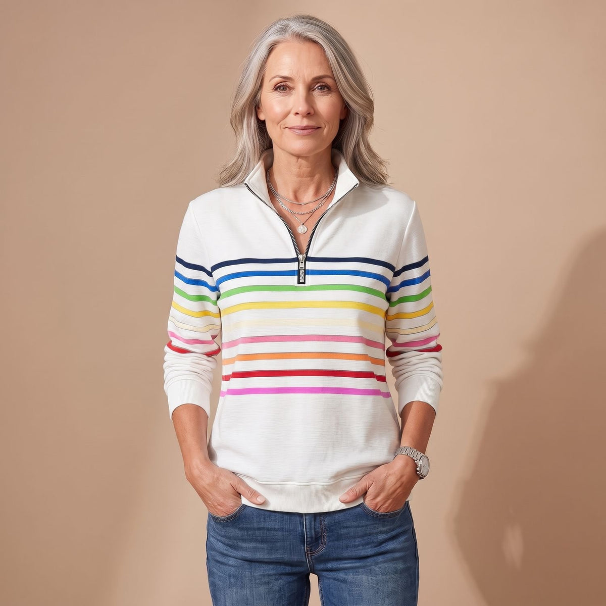 Women's Casual Quarter-Zip Rainbow Striped Pullover Sweater - White
