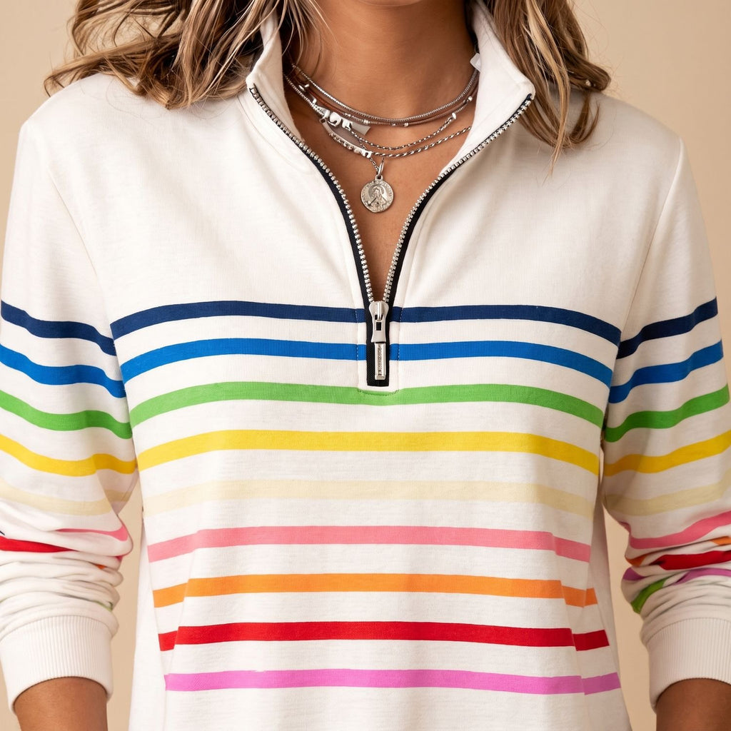 Women's Casual Quarter-Zip Rainbow Striped Pullover Sweater