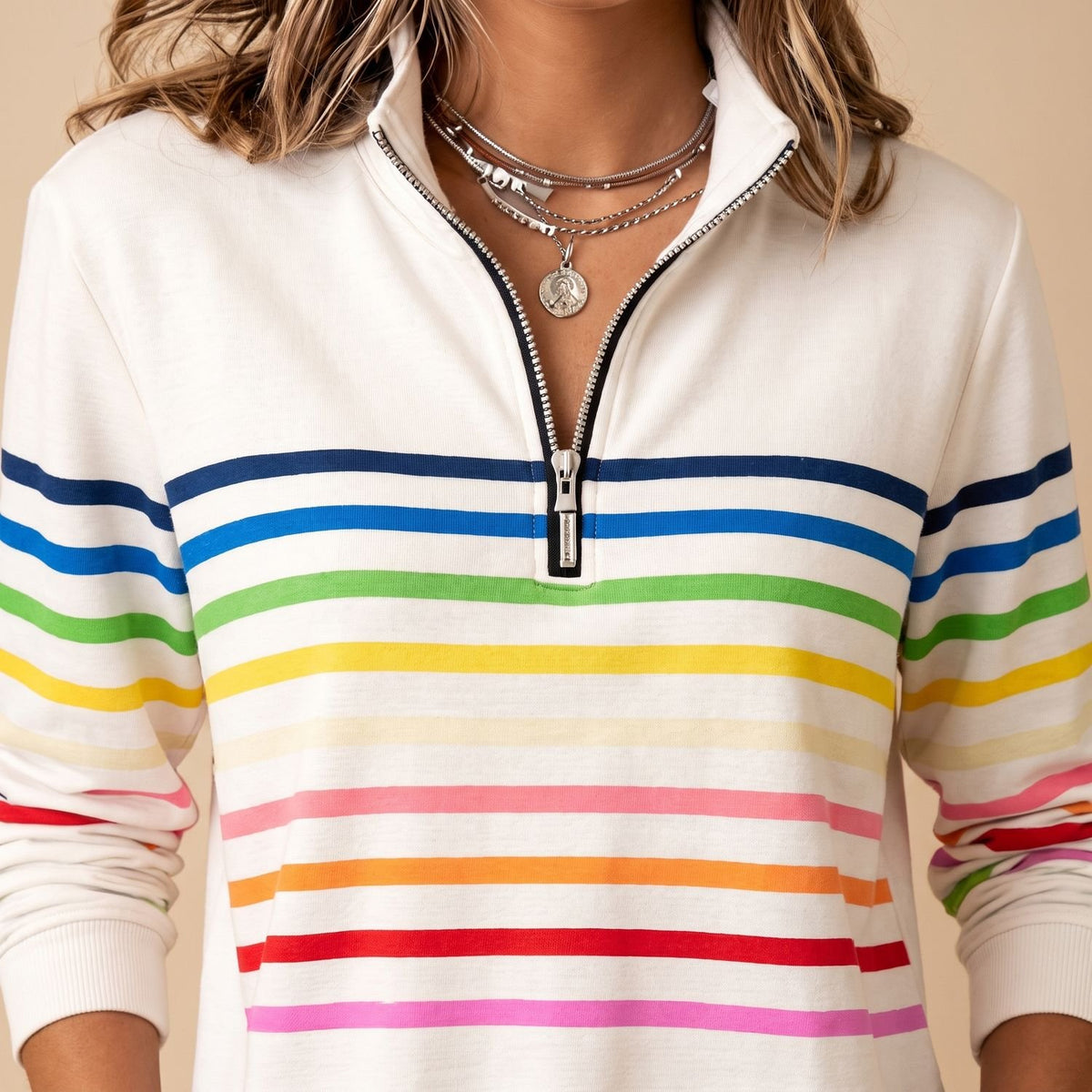 Women's Casual Quarter-Zip Rainbow Striped Pullover Sweater