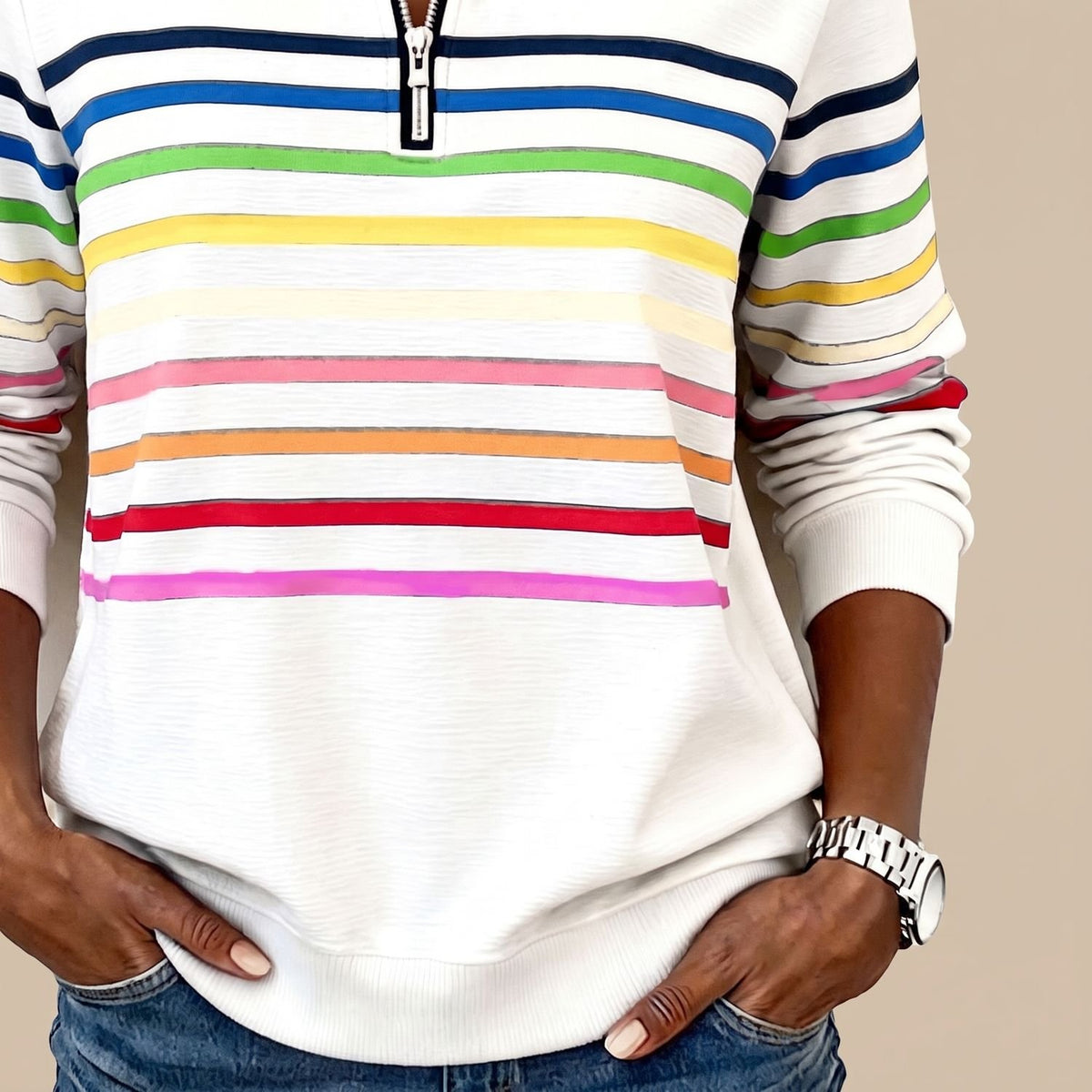 Women's Casual Quarter-Zip Rainbow Striped Pullover Sweater