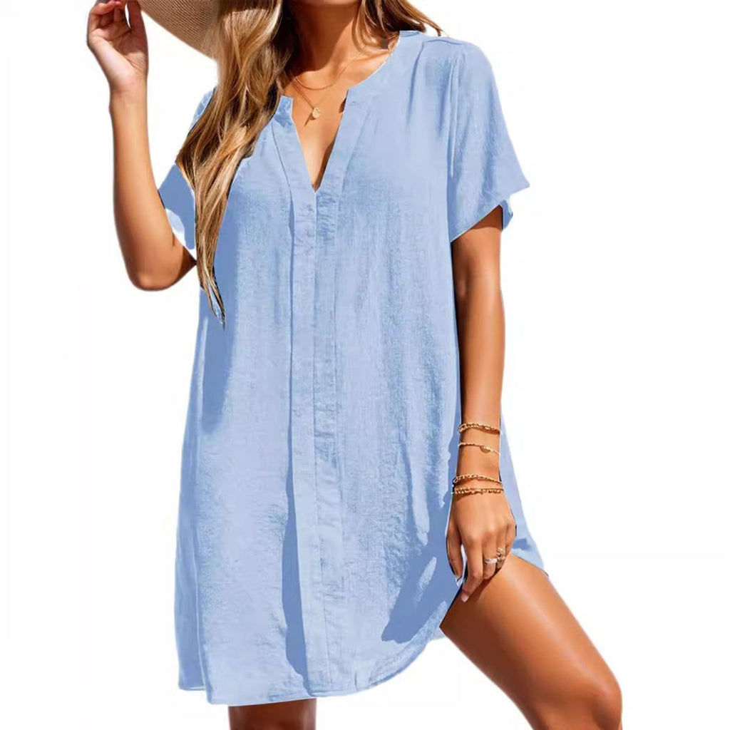 Women's Casual V-Neck Short Sleeve Tunic Beach Cover-Up Dress