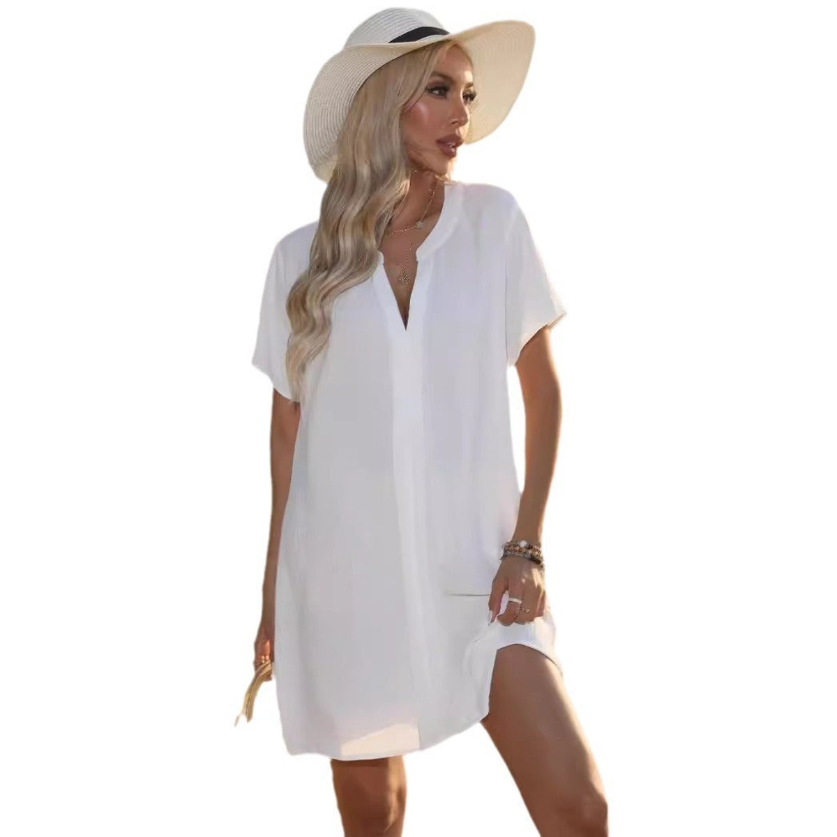 Women's Casual V-Neck Short Sleeve Tunic Beach Cover-Up Dress