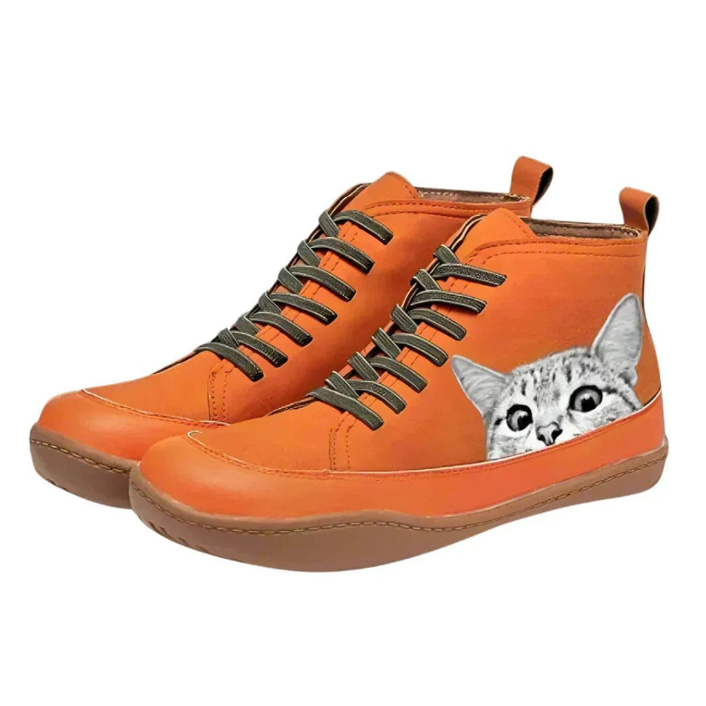 Women's Cat Print High-Top Lace-Up Ankle Boots - Orange