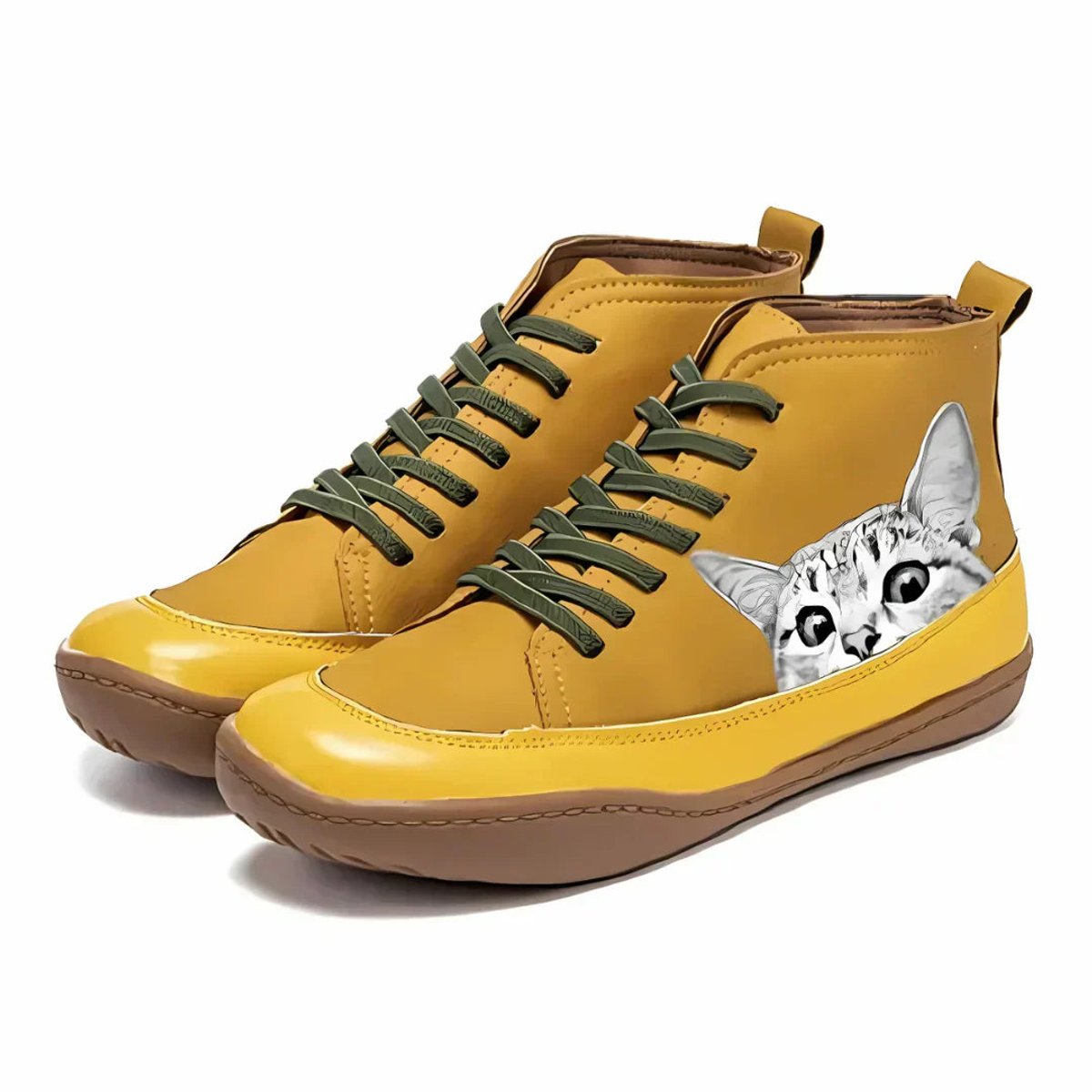 Women's Cat Print High-Top Lace-Up Ankle Boots - Yellow