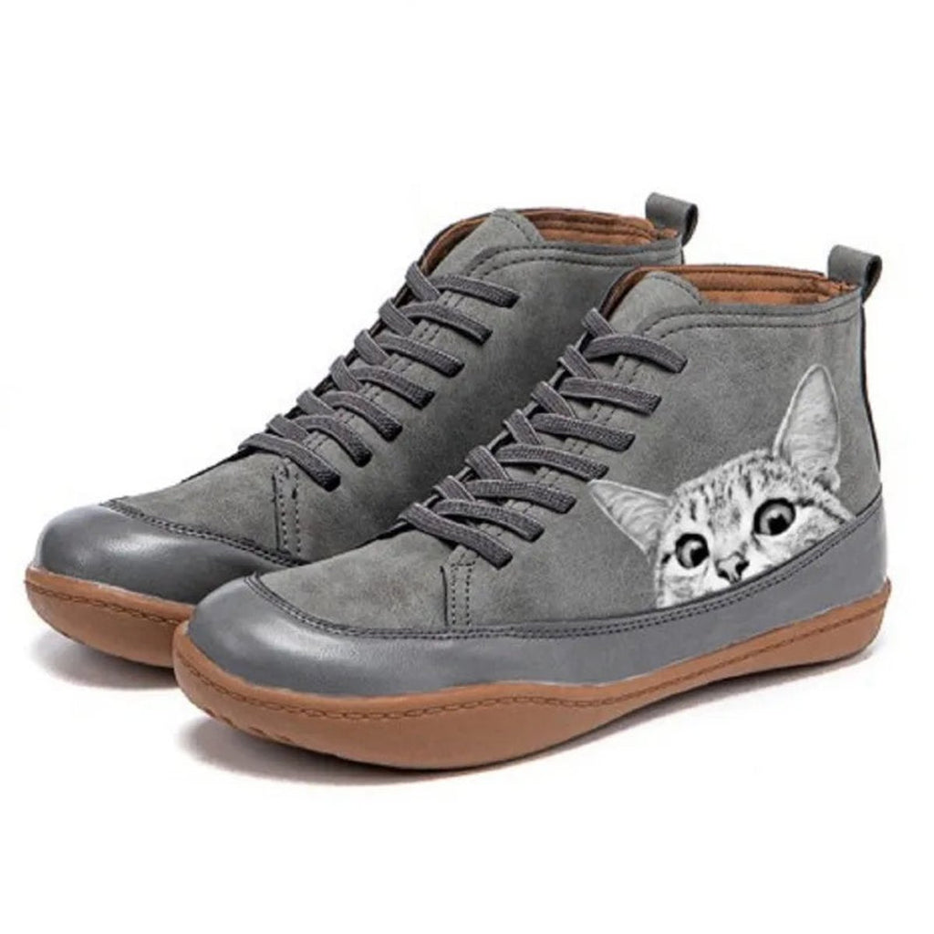 Women's Cat Print High-Top Lace-Up Ankle Boots - Gray