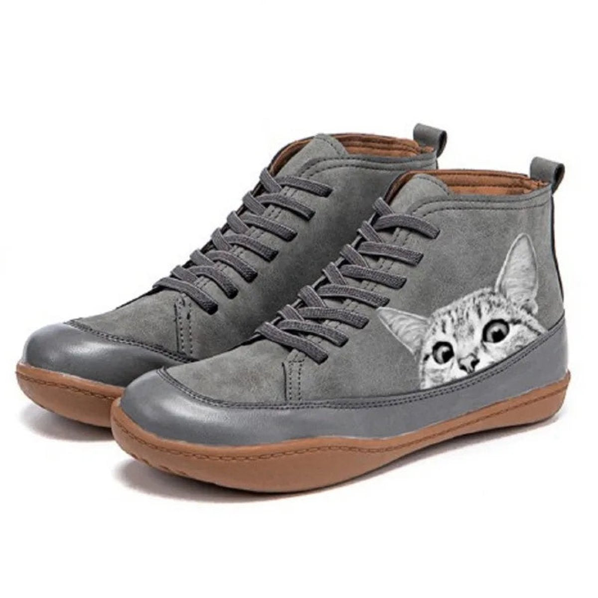 Women's Cat Print High-Top Lace-Up Ankle Boots - Gray