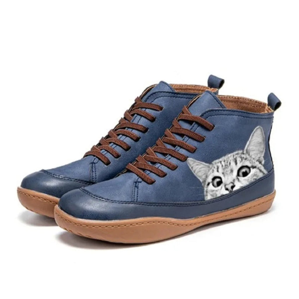Women's Cat Print High-Top Lace-Up Ankle Boots - Blue