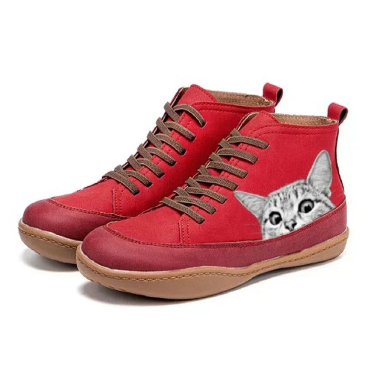 Women's Cat Print High-Top Lace-Up Ankle Boots - Red