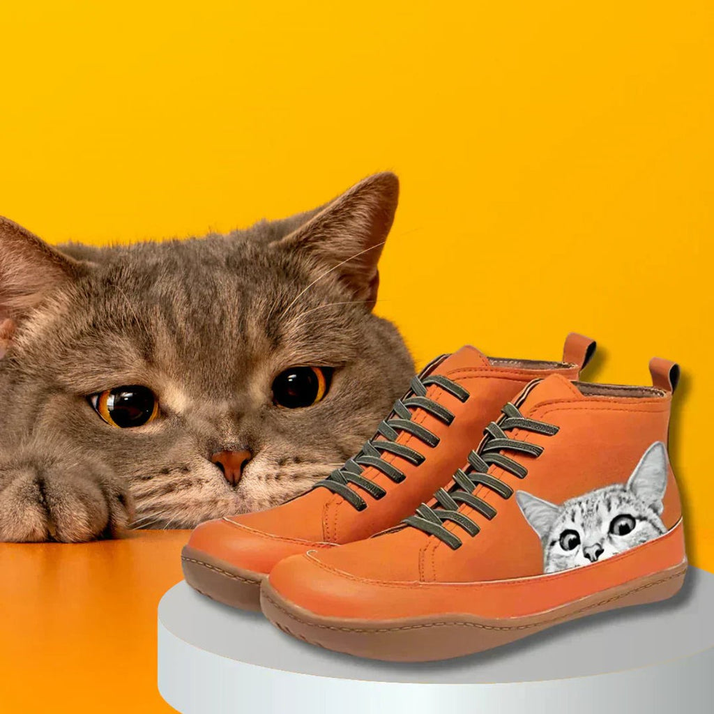 Women's Cat Print High-Top Lace-Up Ankle Boots