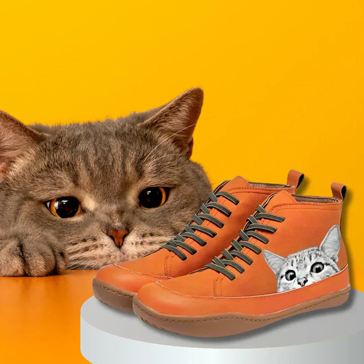 Women's Cat Print High-Top Lace-Up Ankle Boots