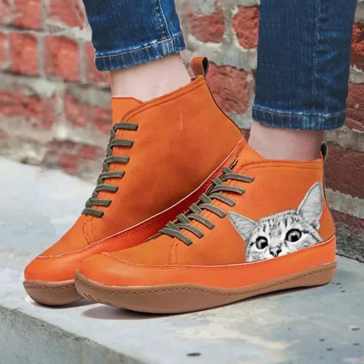 Women's Cat Print High-Top Lace-Up Ankle Boots