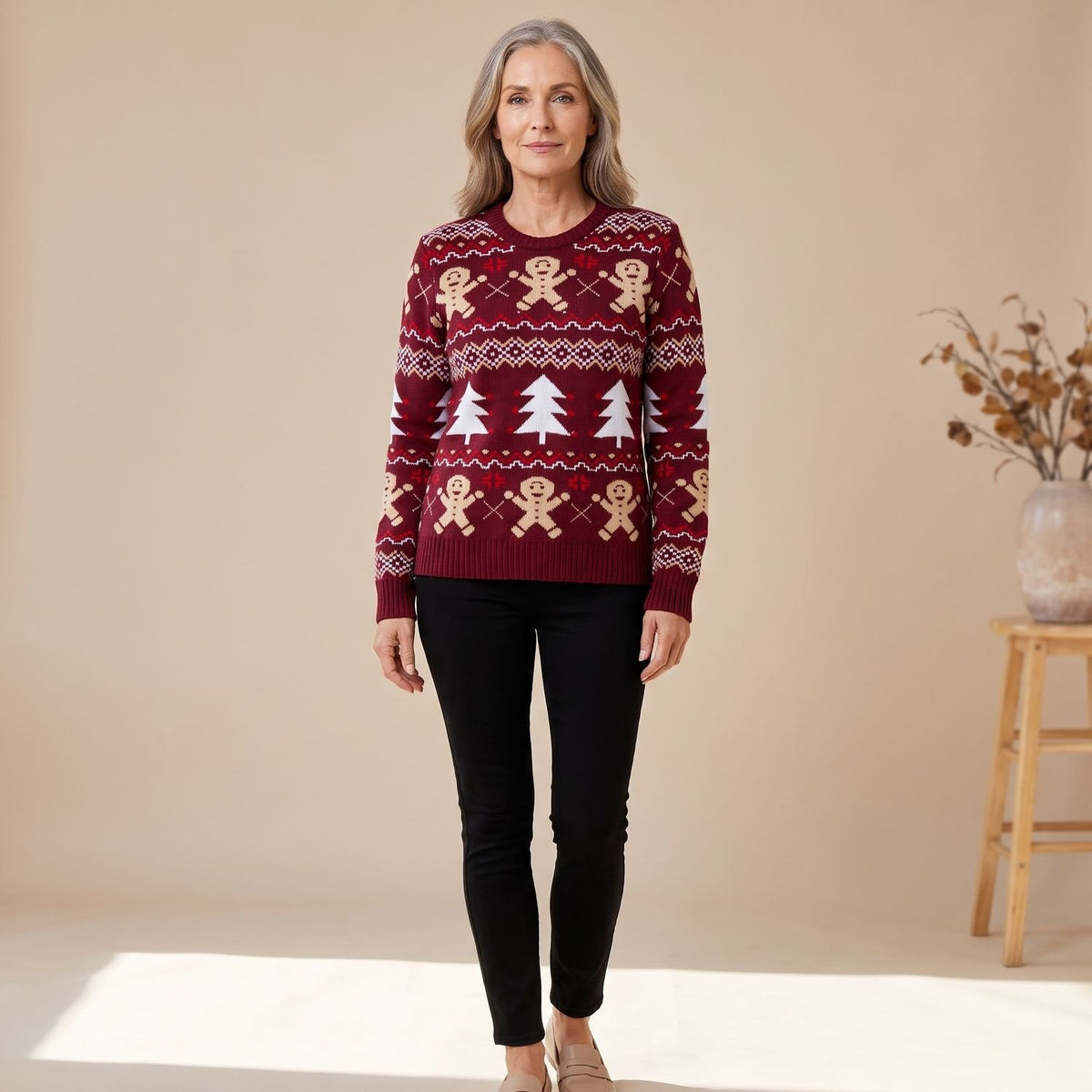 Women's Christmas Sweater Gingerbread Fair Isle Crew-Neck Pullover