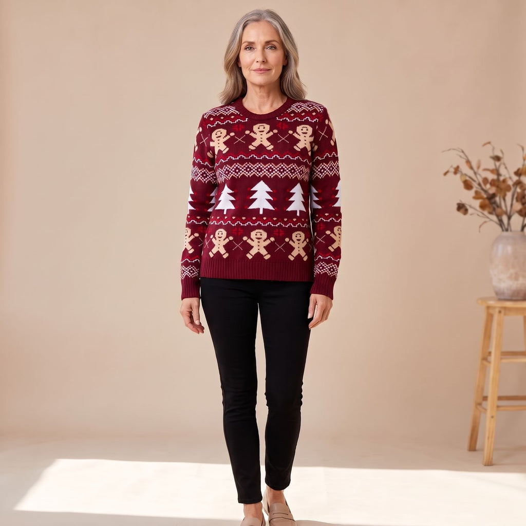 Women's Christmas Sweater Gingerbread Fair Isle Crew-Neck Pullover