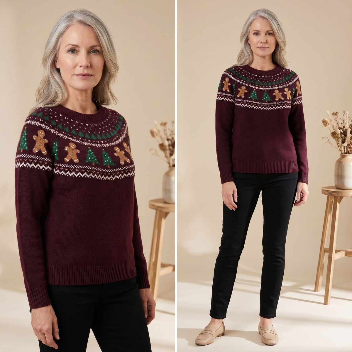 Women's Christmas Sweater Gingerbread Fair Isle Crew-Neck Pullover