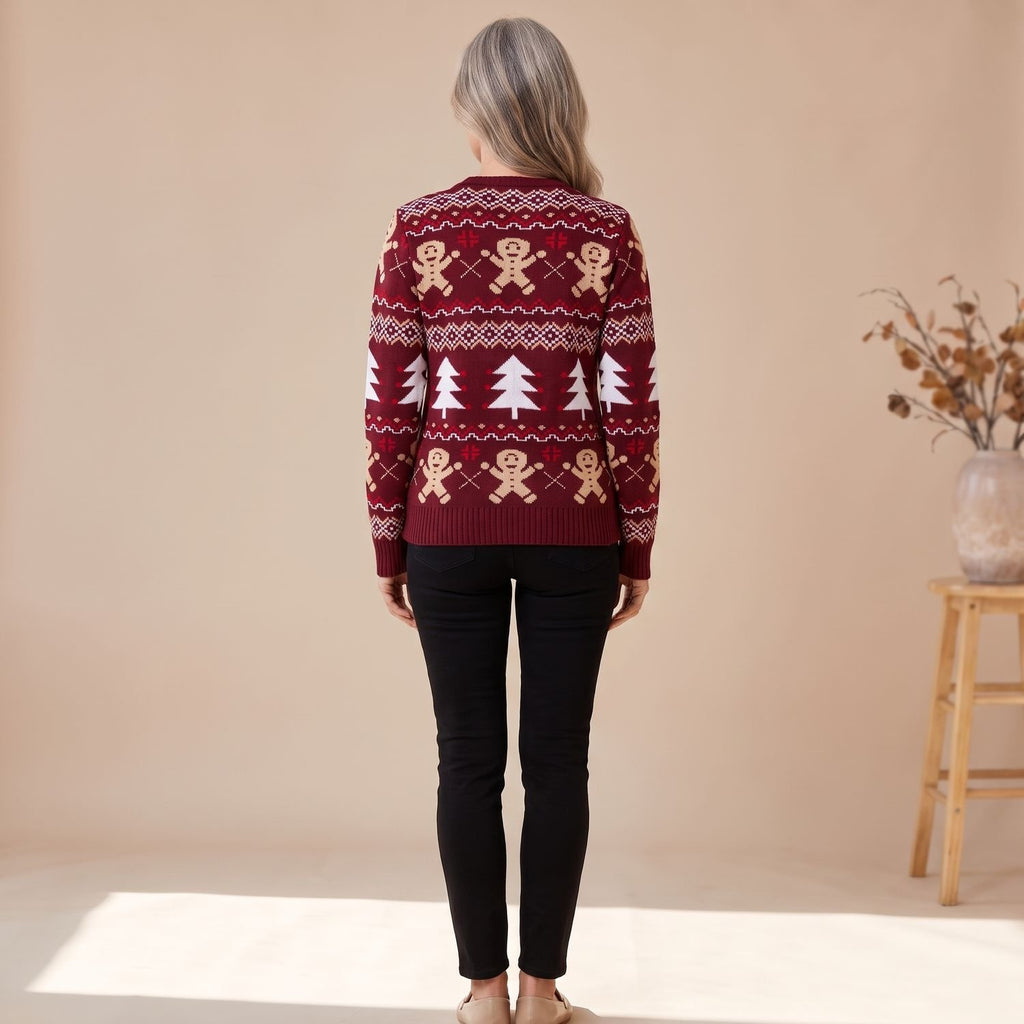Women's Christmas Sweater Gingerbread Fair Isle Crew-Neck Pullover