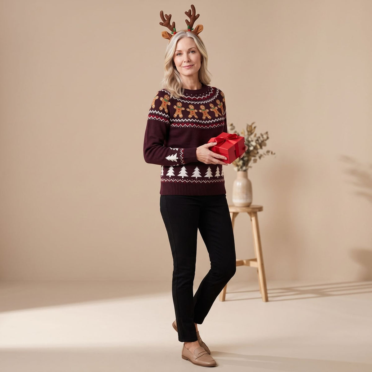 Women's Christmas Sweater Gingerbread Fair Isle Crew-Neck Pullover