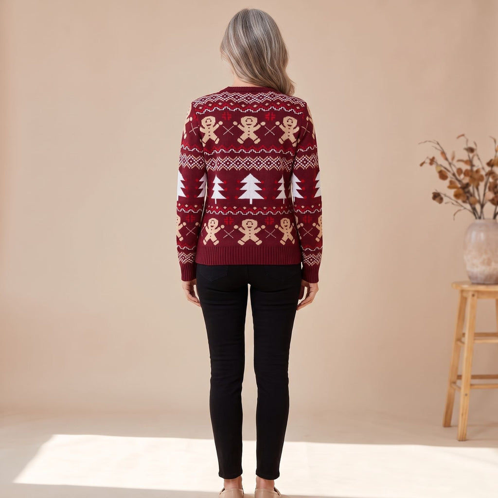 Women's Christmas Sweater Gingerbread Fair Isle Crew-Neck Pullover