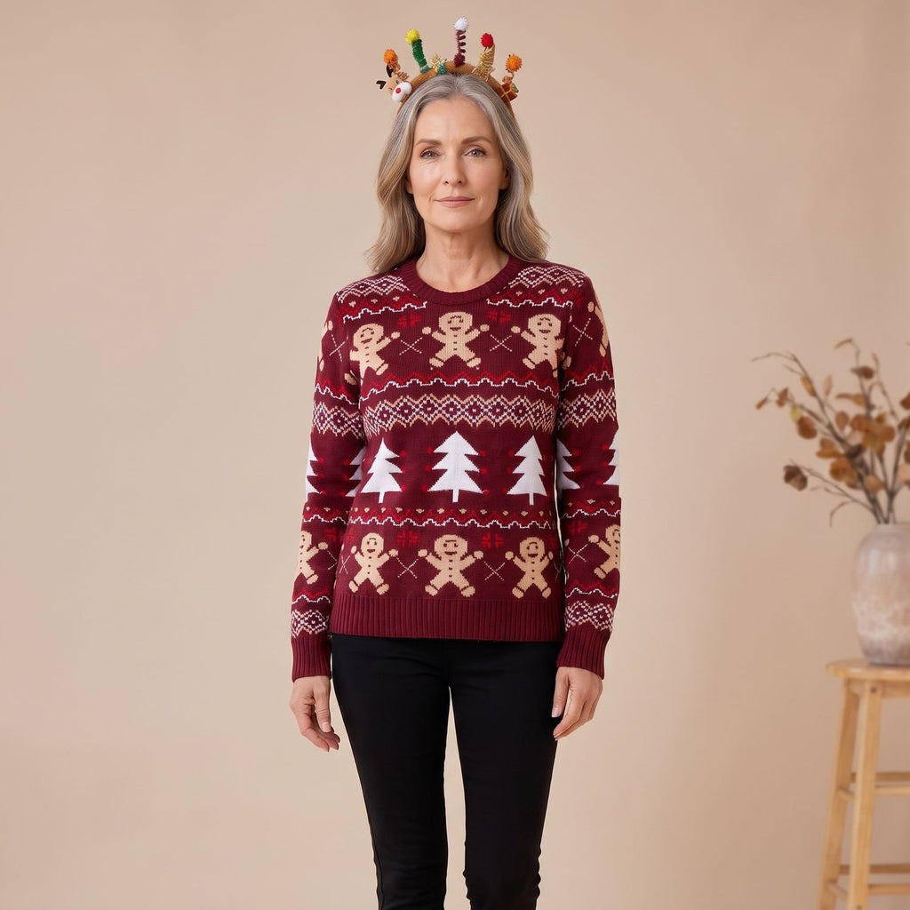 Women's Christmas Sweater Gingerbread Fair Isle Crew-Neck Pullover - Wine Red
