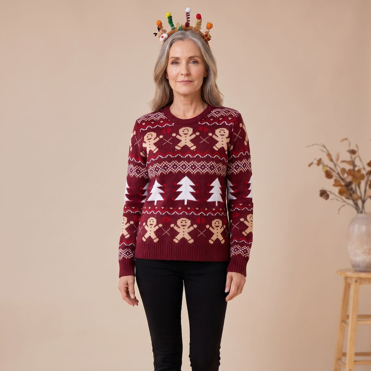 Women's Christmas Sweater Gingerbread Fair Isle Crew-Neck Pullover - Wine Red