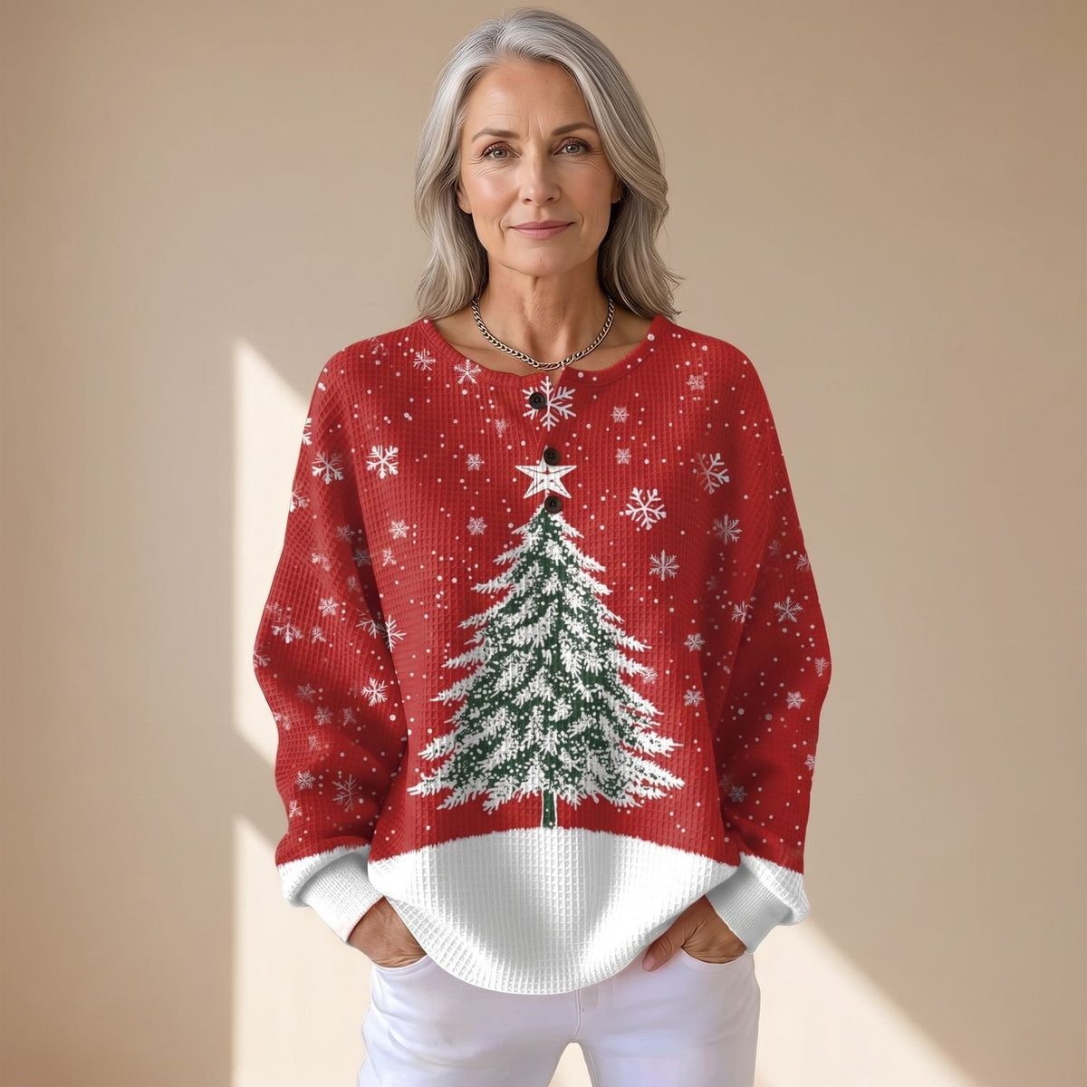 Women's Christmas Tree Snowflake Waffle-Knit Crew Neck Sweater - Winter