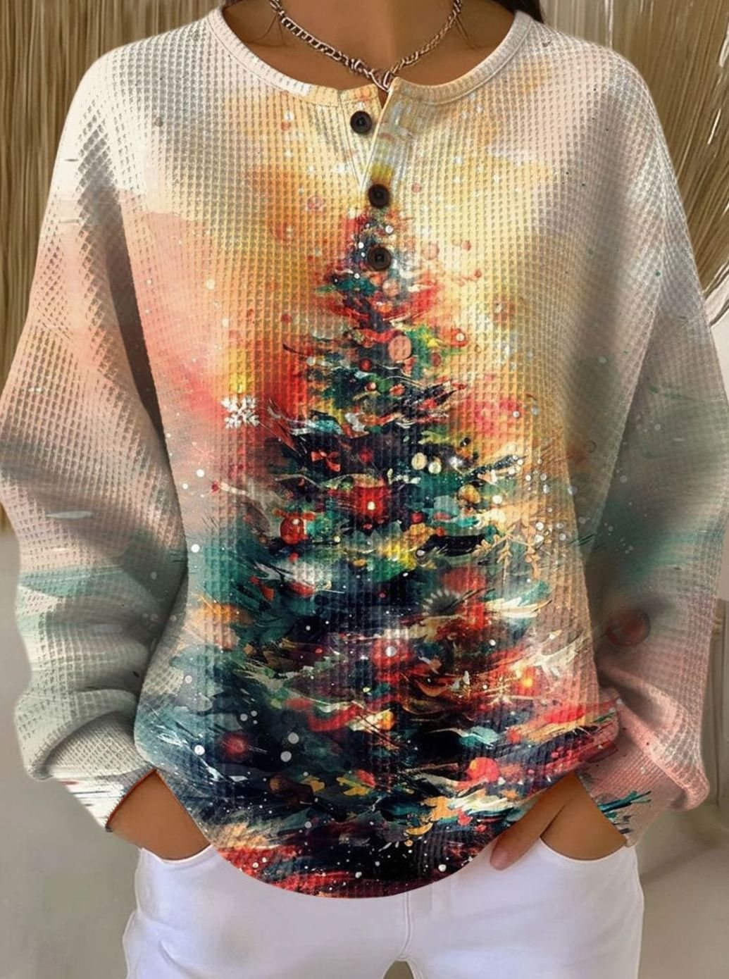 Women's Christmas Tree Waffle-Knit Henley Sweater - Art
