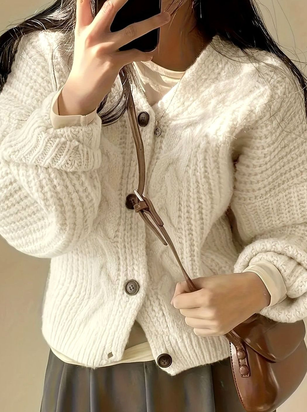 Women's Chunky Cable-Knit Button-Front Cardigan Sweater
