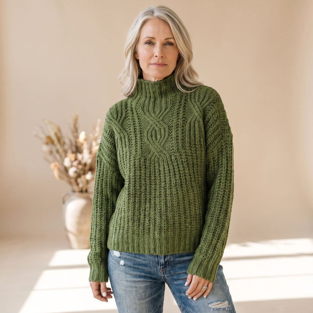 Women's Chunky Cable Knit Pullover Sweater Relaxed Fit - Green