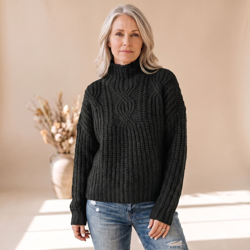 Women's Chunky Cable Knit Pullover Sweater Relaxed Fit - Black