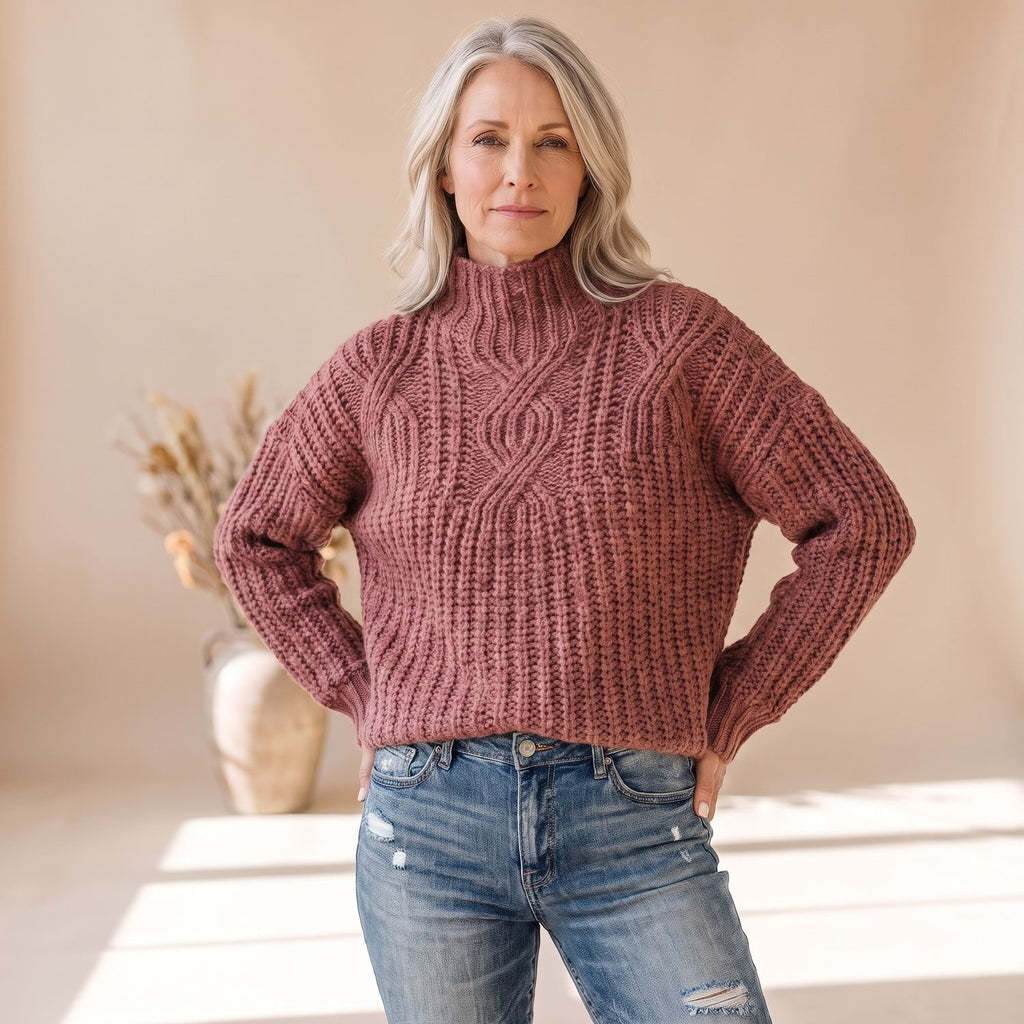 Women's Chunky Cable Knit Pullover Sweater Relaxed Fit - Pink
