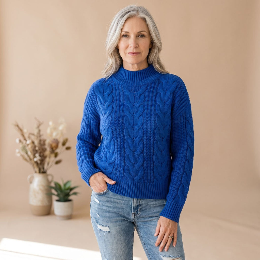 Women's Chunky Cable Knit Pullover Sweater Relaxed Fit - Blue
