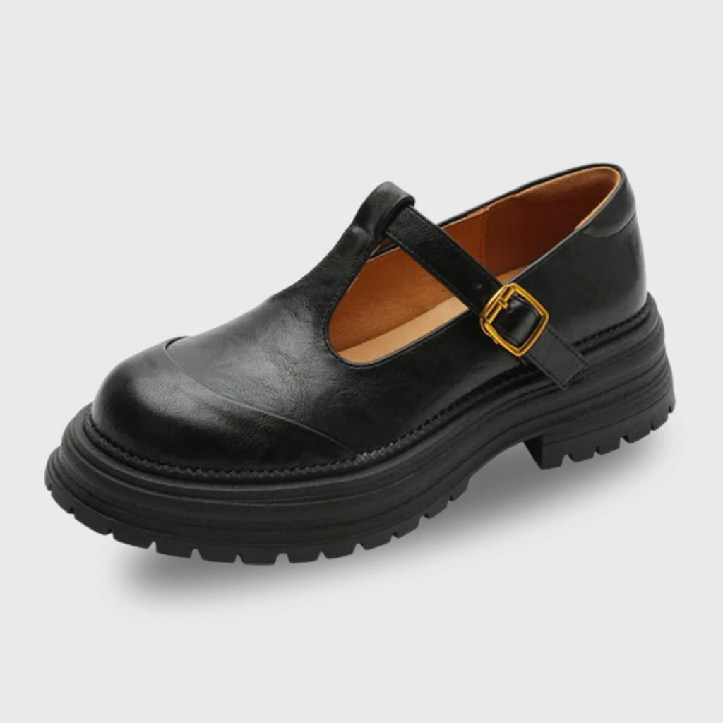 Women's Chunky T-Bar Mary Jane Shoes Round Toe Buckle Flats - Black