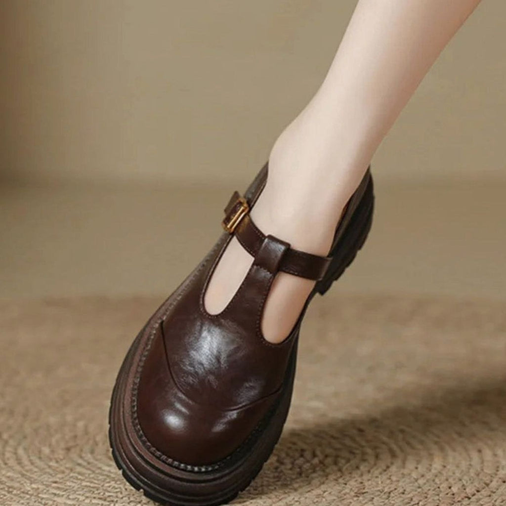 Women's Chunky T-Bar Mary Jane Shoes Round Toe Buckle Flats