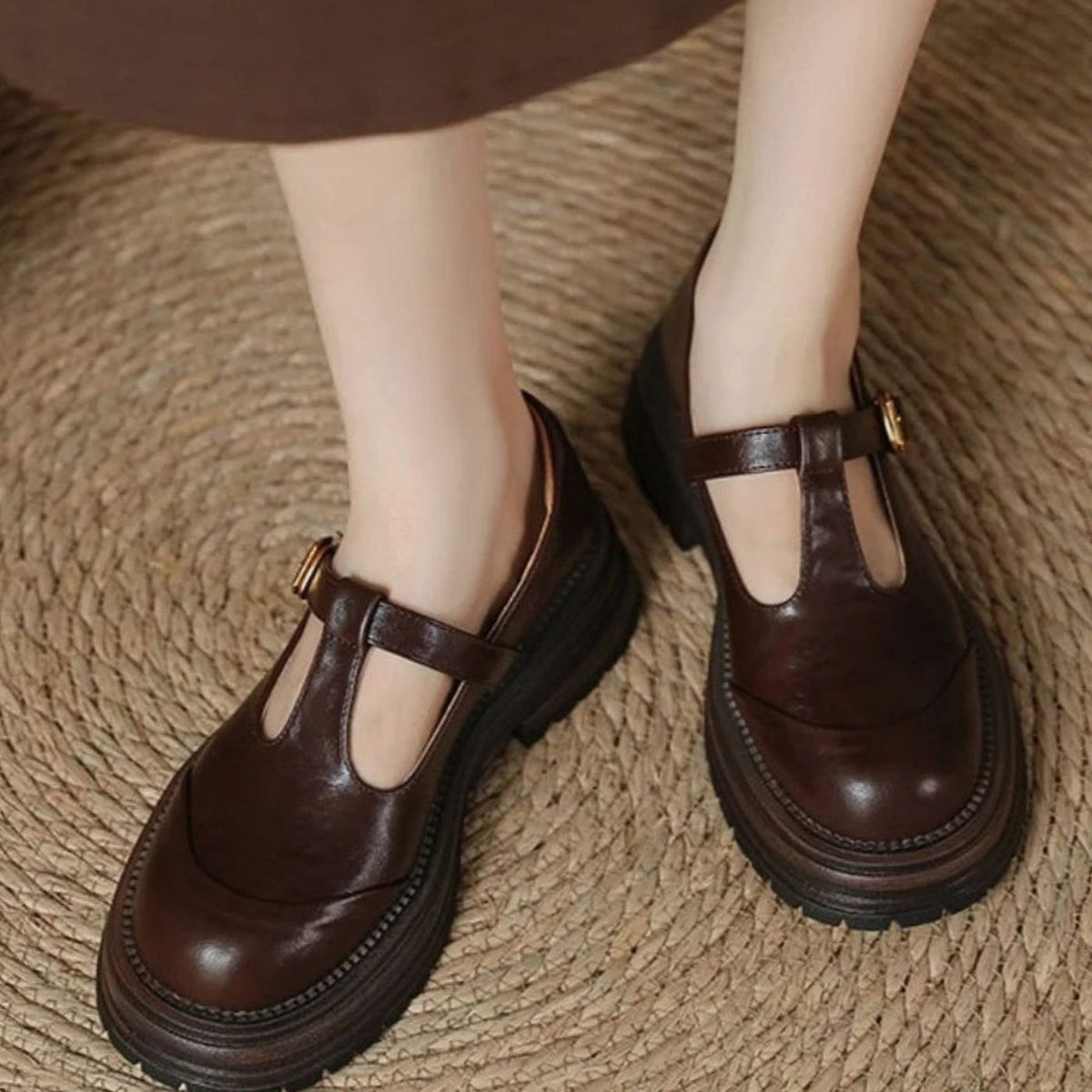 Women's Chunky T-Bar Mary Jane Shoes Round Toe Buckle Flats