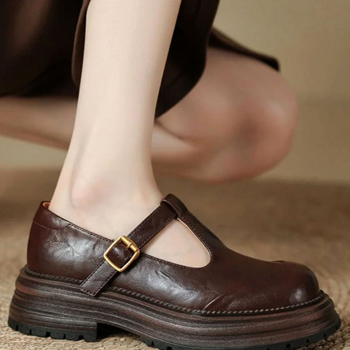 Women's Chunky T-Bar Mary Jane Shoes Round Toe Buckle Flats