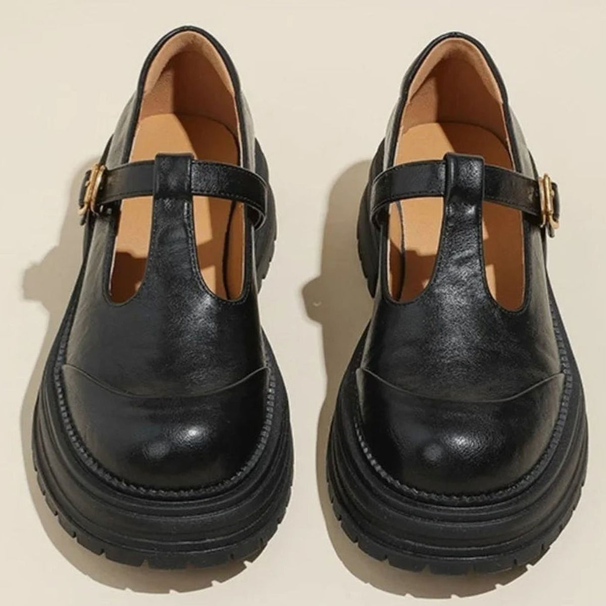 Women's Chunky T-Bar Mary Jane Shoes Round Toe Buckle Flats