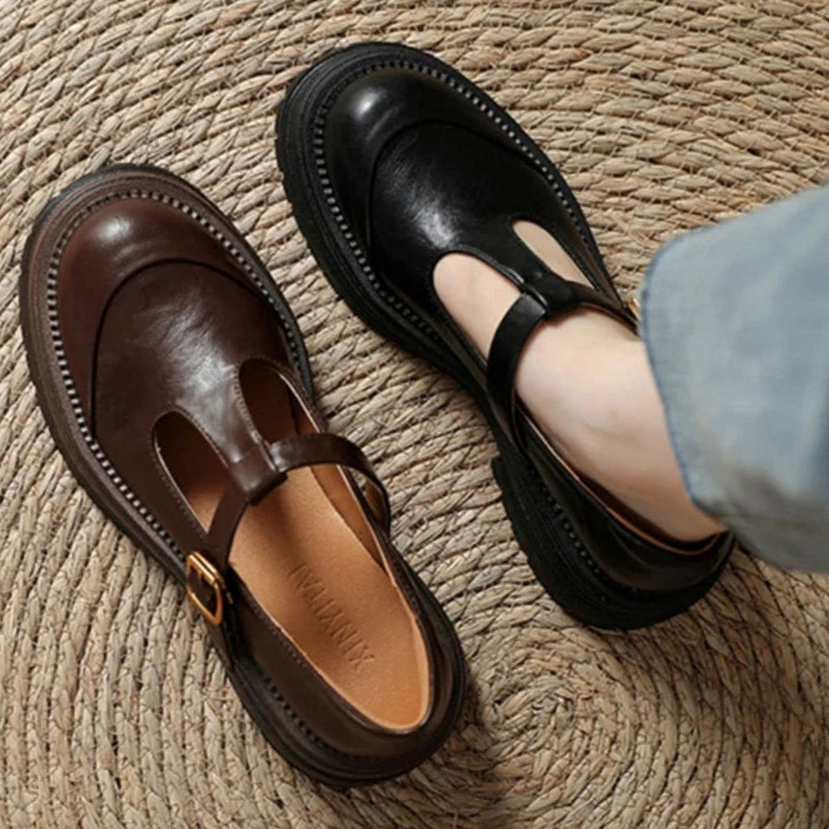 Women's Chunky T-Bar Mary Jane Shoes Round Toe Buckle Flats