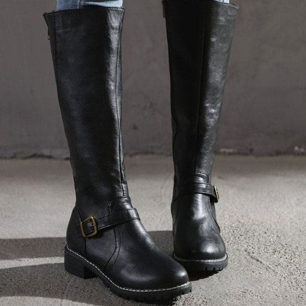 Women's Classic Buckle Side-Zip Knee-High Boots - Black