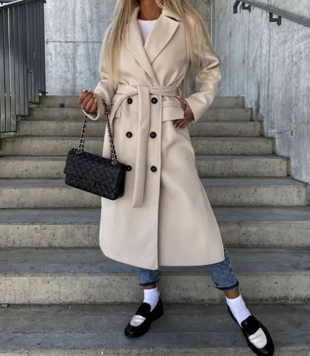 Women's Classic Double-Breasted Long Trench Coat - Khaki